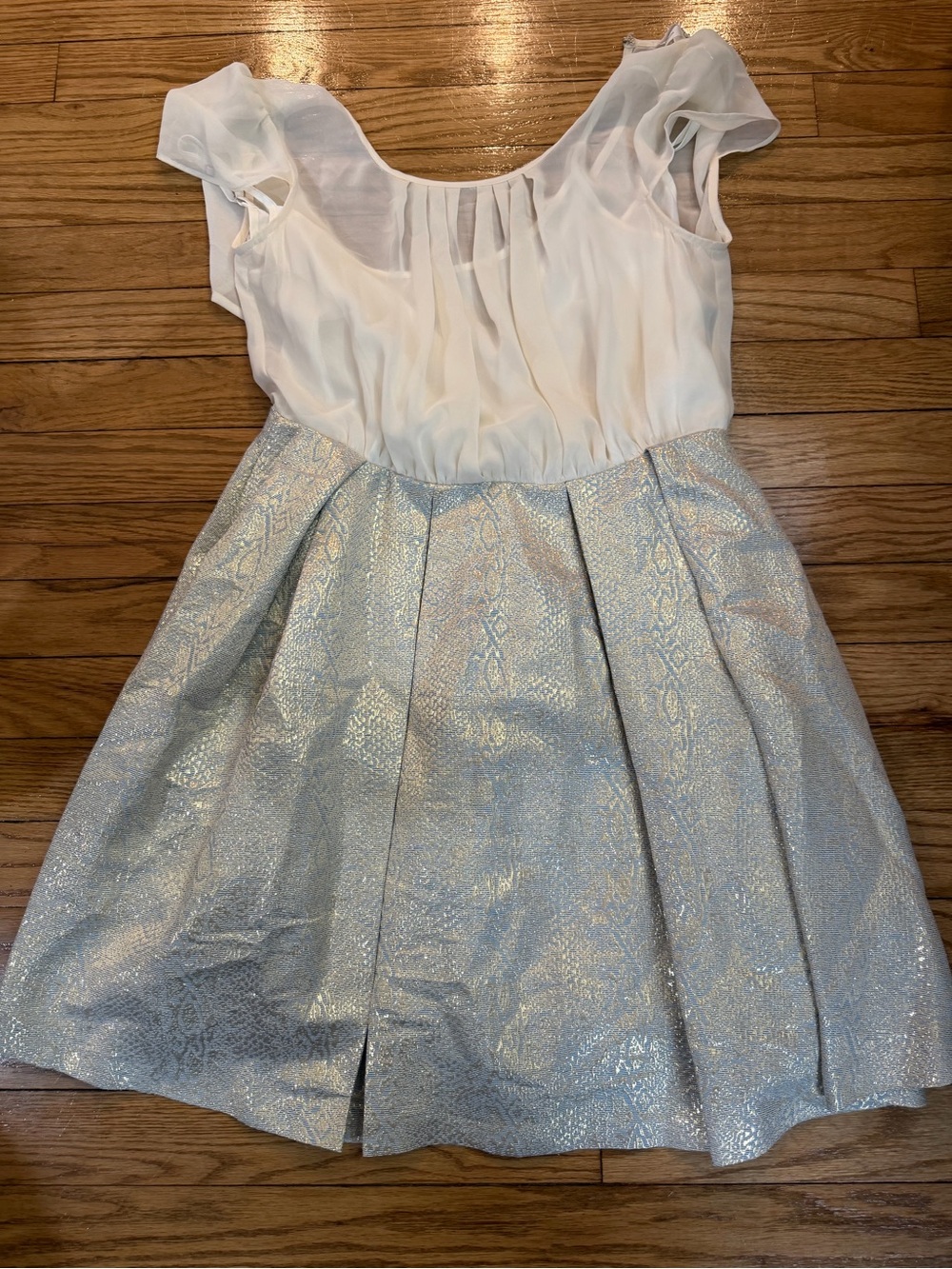 BCBGeneration White Chiffon Bodice Silver Metallic Skirt Mini Dress